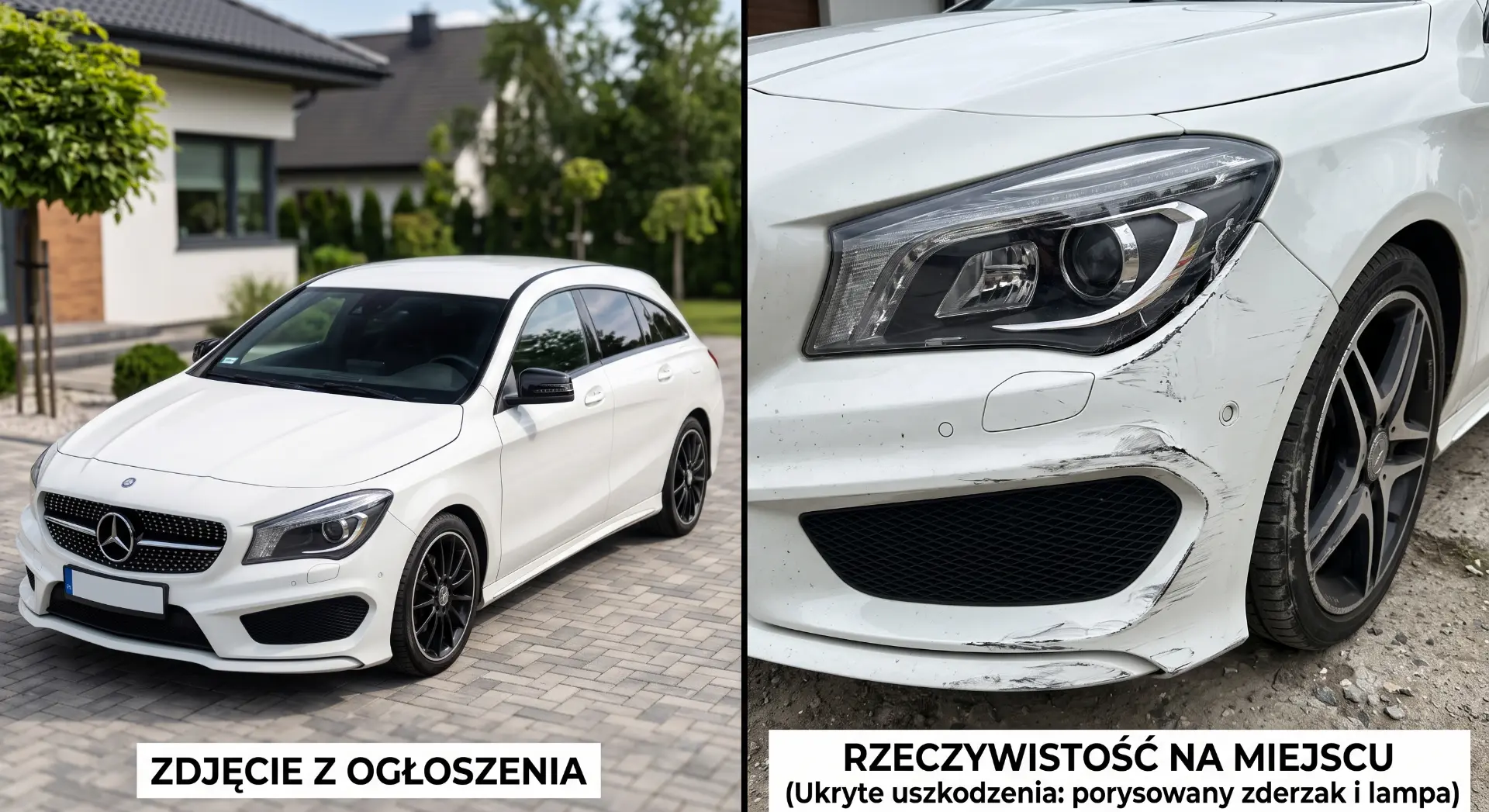 Porównanie: zdjęcie z ogłoszenia kontra rzeczywisty stan auta z ukrytymi uszkodzeniami